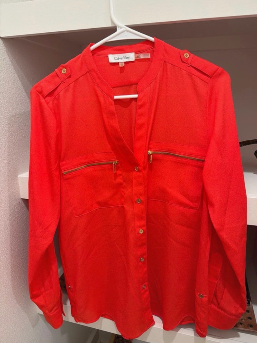 Calvin Klein Red Button-Front Utility Shirt with Gold Zips